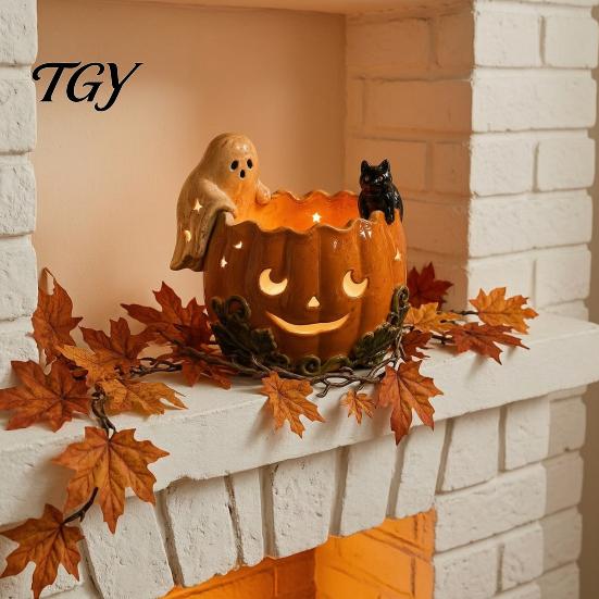 Autumn Table Centerpiece Halloween Pumpkin Candle Holder, Resin Ghost Black Cat Tea Light Unique Collectible Stand, Retro Distressed Decorative