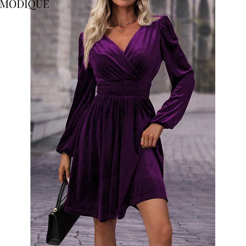 MODIQUE 2025 Spring New Women's Elegant Corduroy Solid Color Lantern Sleeves Elastic Waist Pleated Short Dress Ladies Casual A-Line V-Neck Dress