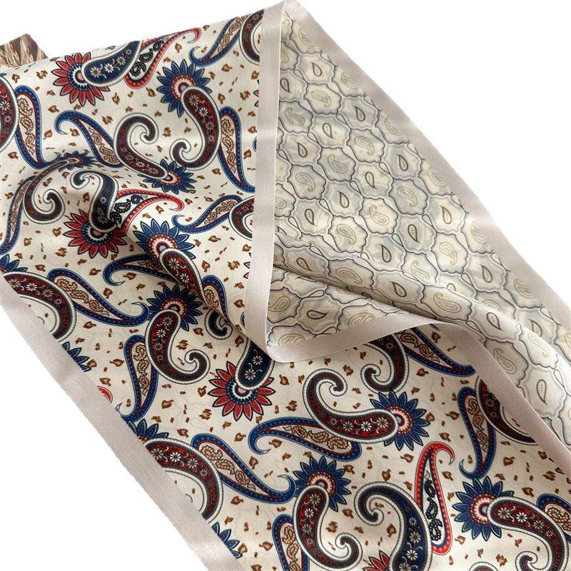 Silk Scarf Women's Beige Cashew Flower Temperament Mulberry Silk Silk Scarf Thin, Narrow and Long Double-sided Scarf Streamer