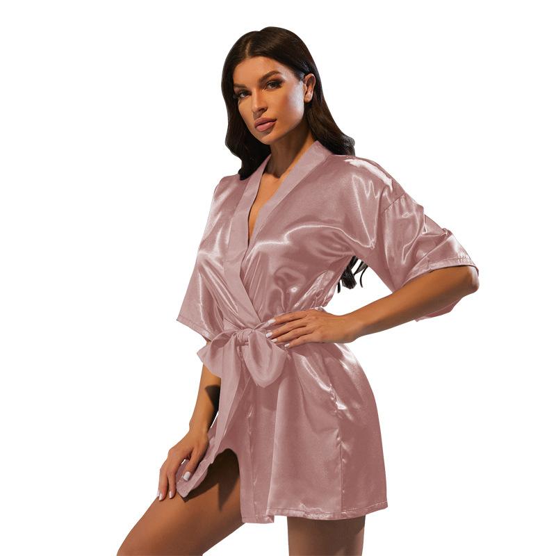 Cardigan sottile a maniche a tre quarti Camicia da notte in seta simulata Stile medio Cintura larga Accappatoio Semplice Quattro stagioni Indossabile Camicia da notte Donna