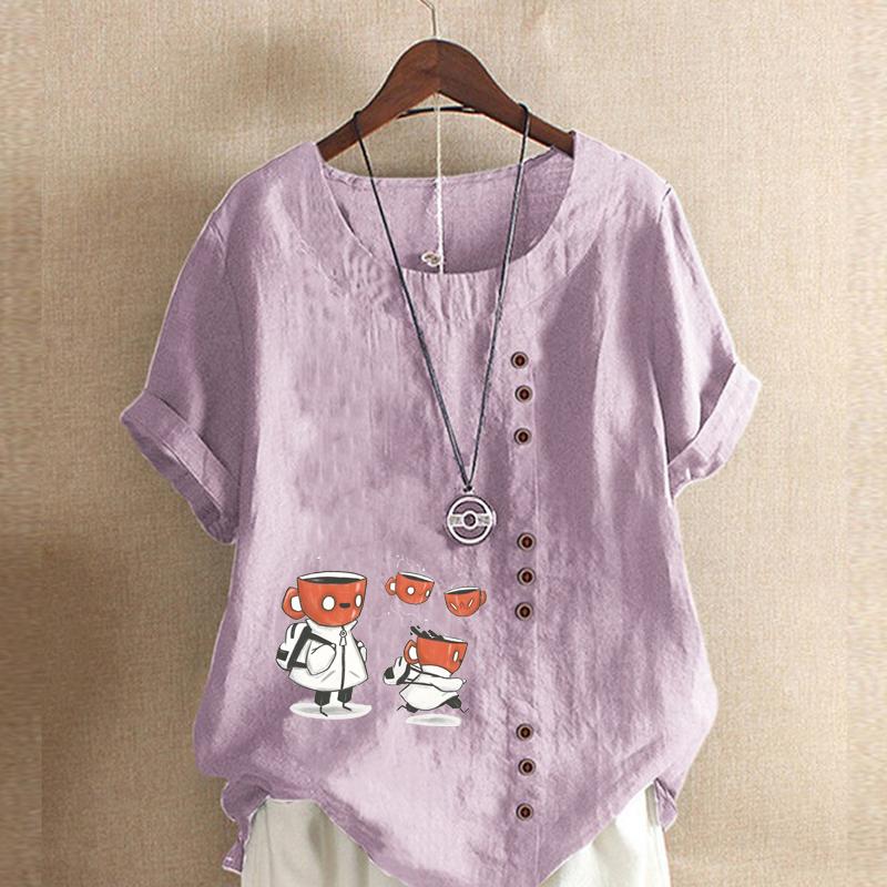Women's New Fashion Linen Shirt Round Neck Short Sleeve Cupbearer Printed T-shirt Summer Ladies Casual Plus Size Blouse Tops