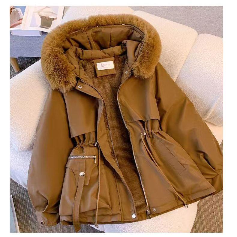 Women Short Hooded Faux Fur Lined Parka Coat Winter Warm Trench Jacket Waist Slim Korean Style