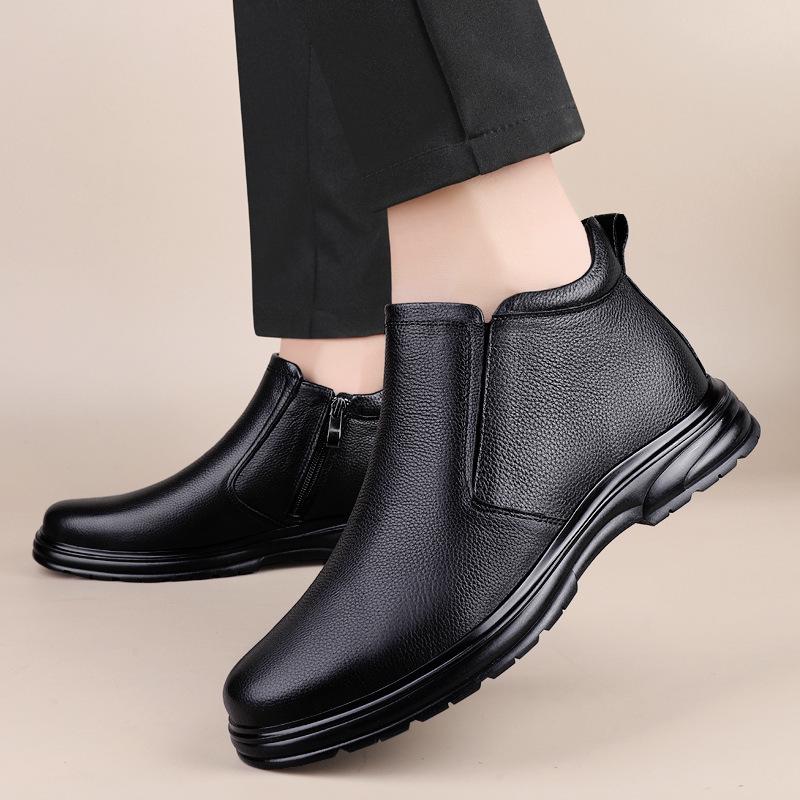 Men's High-Top Genuine Leather Slip-On Ankle Boots - Autumn/Winter Warm Velvet Cotton Casual Footwear
