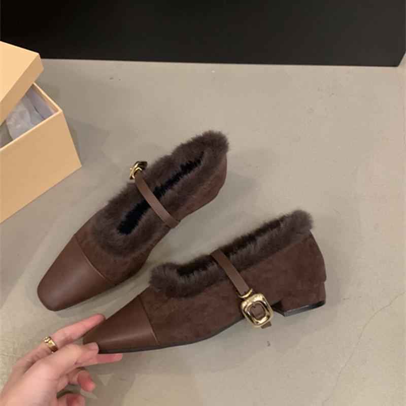 

Autumn and Winter Footwear Plus Size Pointy Thick-heeled Low-heeled and Velvet Shoes Women s Shoes and Cotton Shoes 39 коричневый