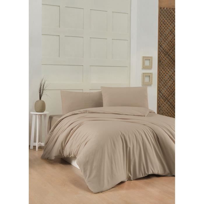 Parure de lit - 1 housse de couette 220 x 240 cm + 2 taies d'oreiller 60 x 60 cm - 100% coton renforcé - Beige