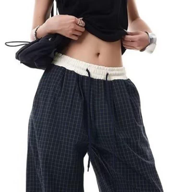 American Retro Plaid Unisex Casual Pants with Double Waistband and Drawstring – Banana Wide Leg, Spring/Autumn 2026 Collection