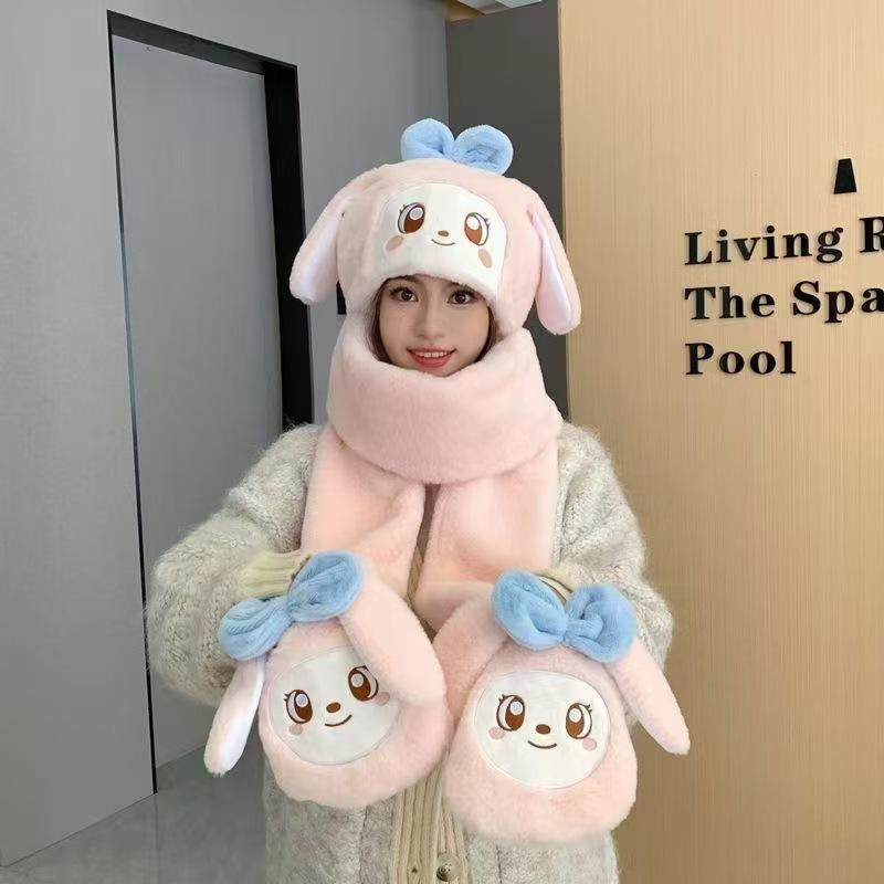 Cute Kuromi Three Piece Hat Set Cartoon Parent Child Melody Fashion Scarf Glove One Piece Hat 3-in-1