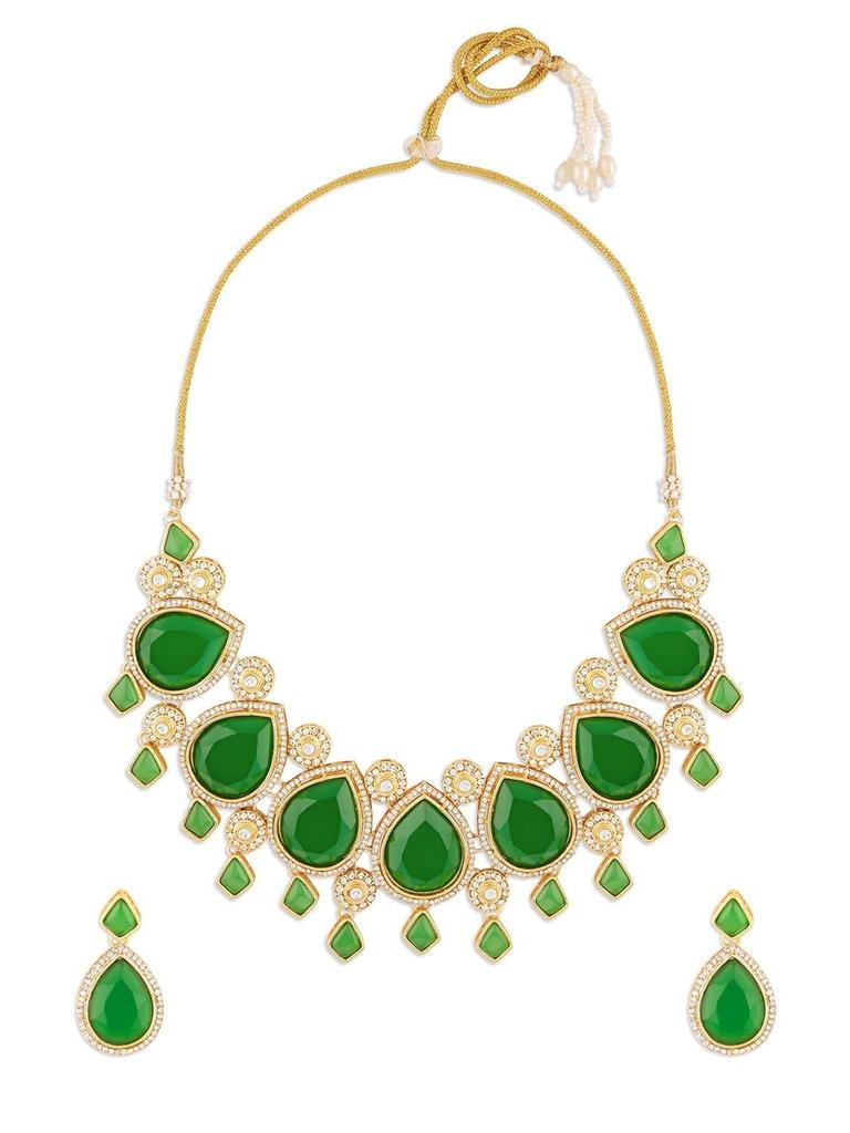 Green Stones Austrian Diamonds Embellished Bridal Necklace & Earring Set For Women