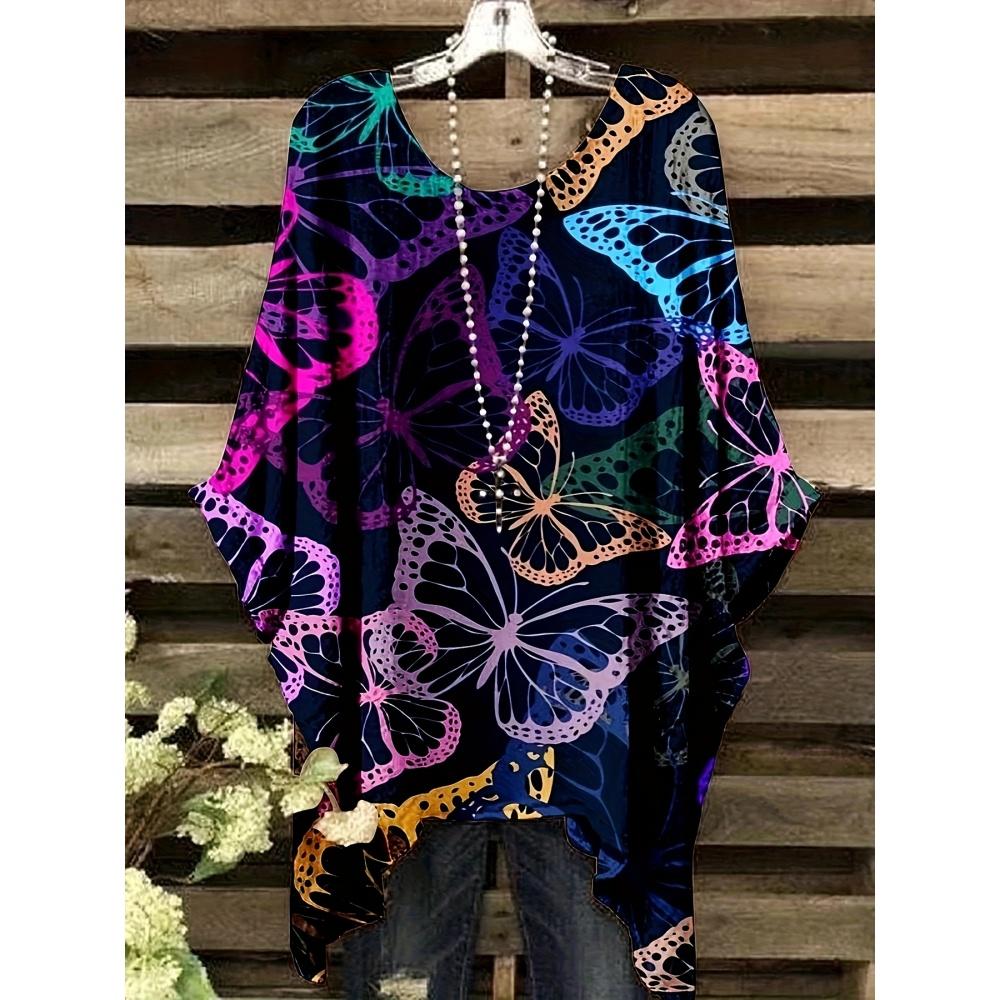 Stor T-shirt för kvinnor med fjärilstryck Sommar Bekväm Lös Rundhals Kortärmad Topp Y2k Mode Street Vintage Kläder