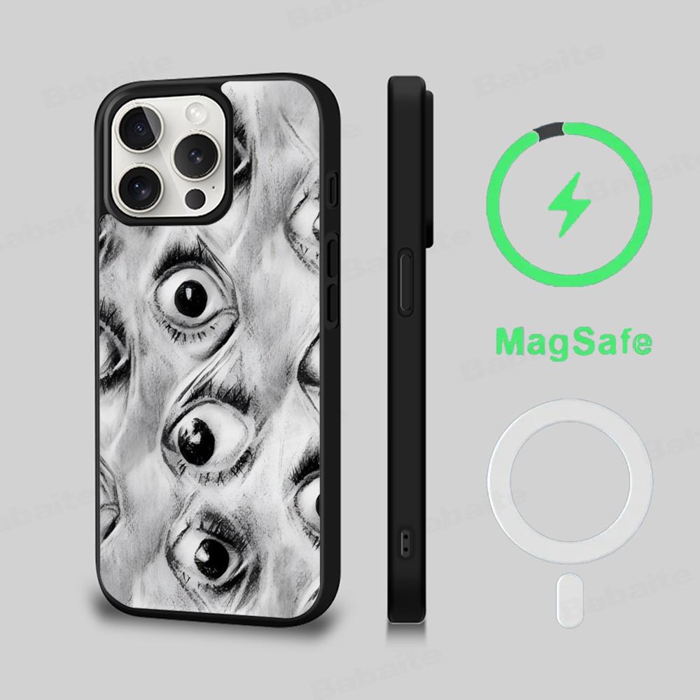Black Scary Ghost Eye Monstrous Line Art Phone Case Magesafe Magnetic Wireless Charge Case For iPhone 16 14 Pro Max Plus Mini