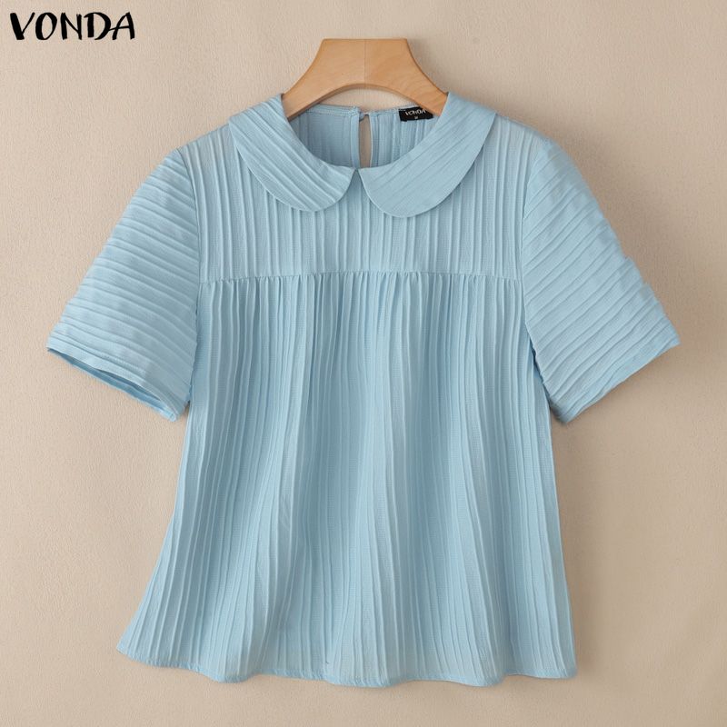 VONDA Summer Women Lapel Neck Solid Color Summer Short Sleeve Texture Casual Blouse Tops
