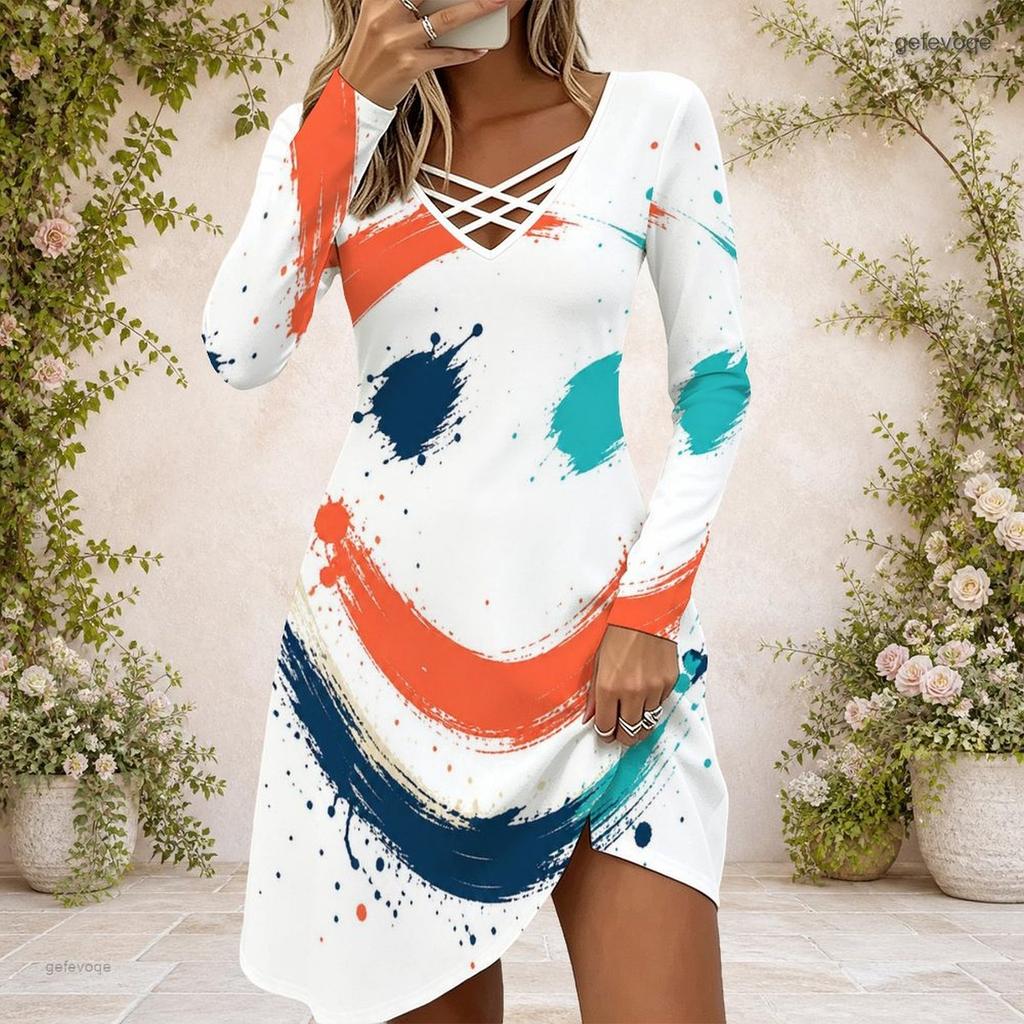 Women Criss Cross V Neck Long Sleeve Fitted Halloween Printed Curved Hem Dress