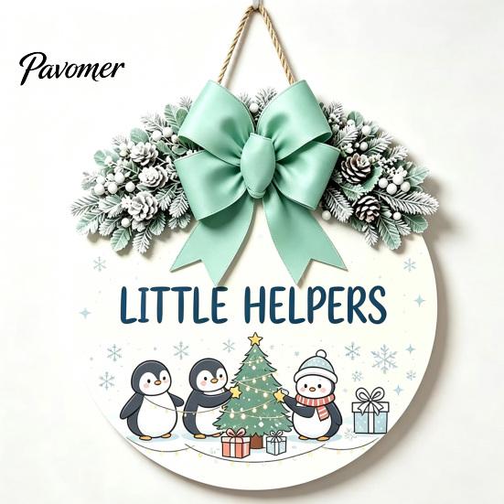 Indoor Outdoor Porch Ornament Christmas Wooden Welcome Sign for Front Door, Round Hanging with Handmade Craft Artificial Pine Branches & Bow