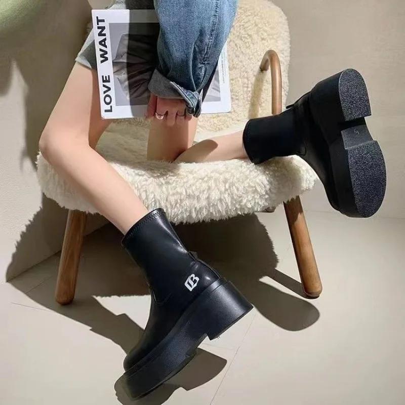 Spring and Autumn Paragraph Round Head Short Boots with Short Barrel Thick Bottom Sleeve Rubber Coarse Heel Fashion Boots