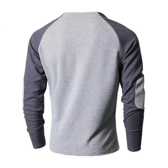 Spring Fall Men Top Regular Fit Colorblocked Long-Sleeve T-Shirt Buttoned Round Neck