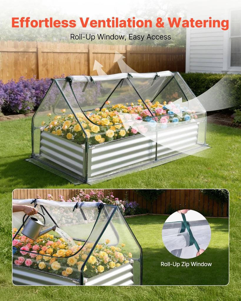 Raised Garden Bed with Cover, 1800 X 900 X 300 Mm, Rectangular Galvanized Metal Planter Box Outdoor, with PE Greenhouse Cover & Gloves, Rustproof