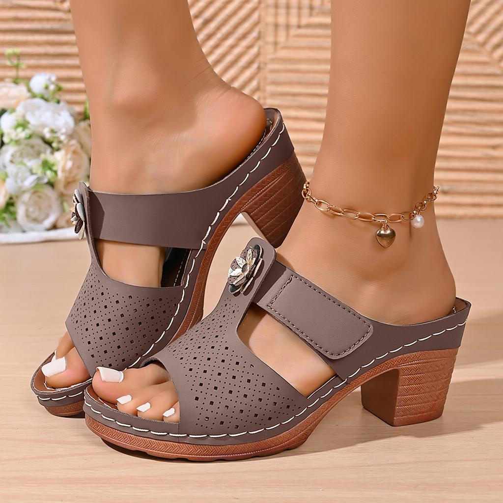 Women'S Chunky Heel Closed Toe Sandals Breathable Openwork Design Rhinestone Thong Sandals For Women Very G Sandals For Women