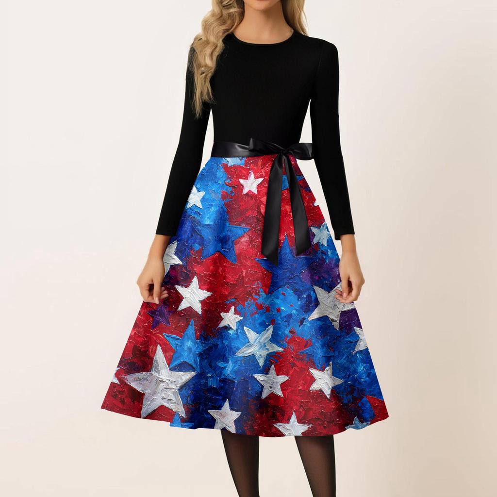 Women's Casual Fashion Round Neck Independence Day Print Retro Dress