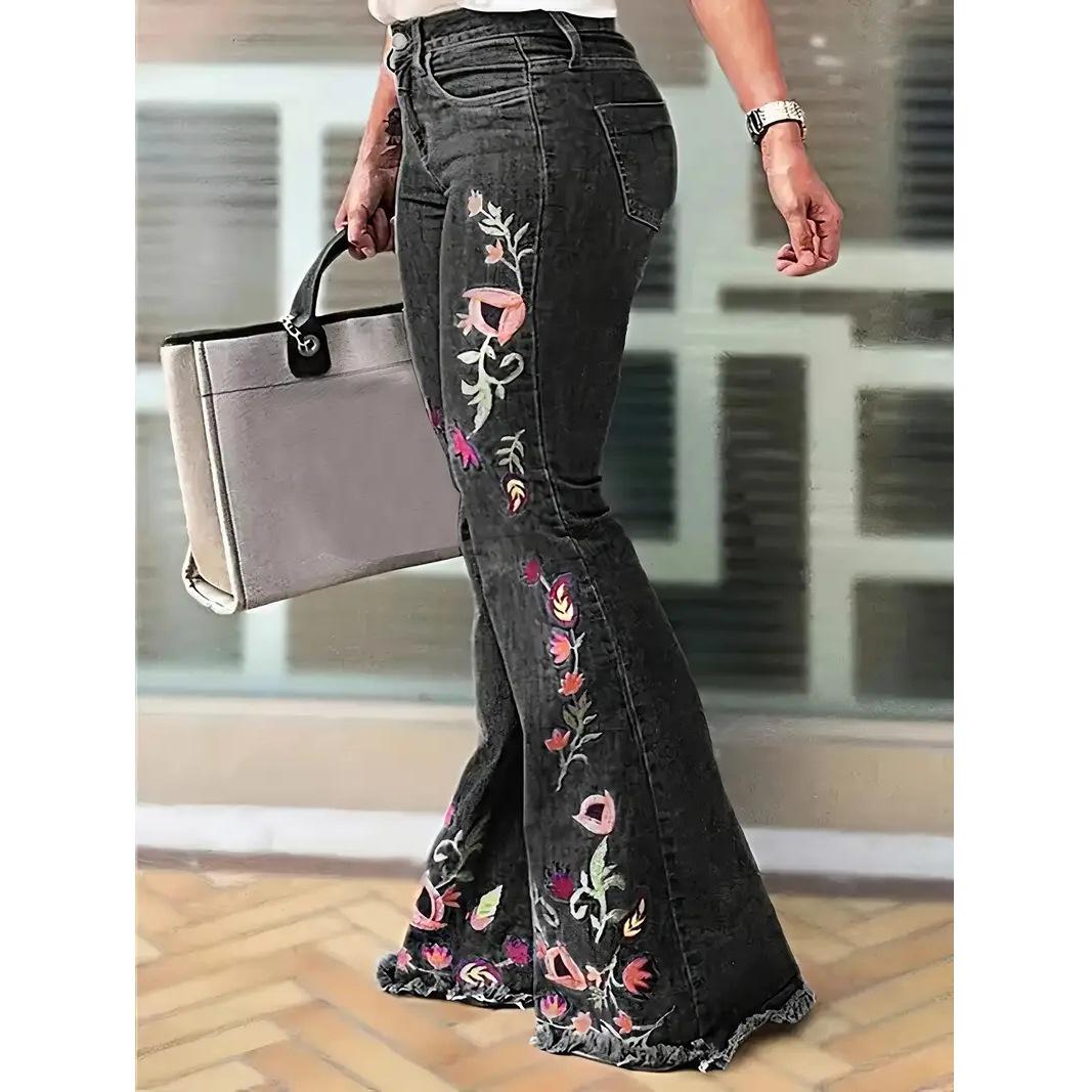 Women s Plus Size Black Micro Flare Embroidered Stretch Jeans XL
