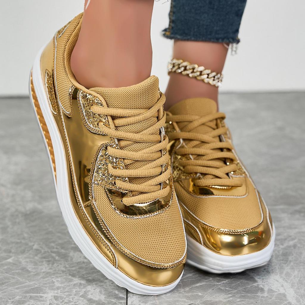 Goldene Glänzende Mesh Outdoor FreizeitsportSchuhe - Große Größen, Frühling/Herbst 2025