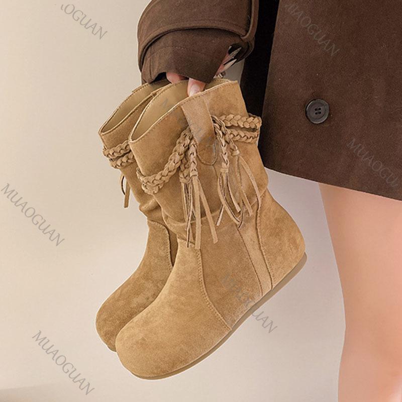 Fashion Short Boots Women's 2025 Autumn New Vintage Suede Casual Botas for Women Solid Tassel Flat Bottom Females Shoes Solid Botines