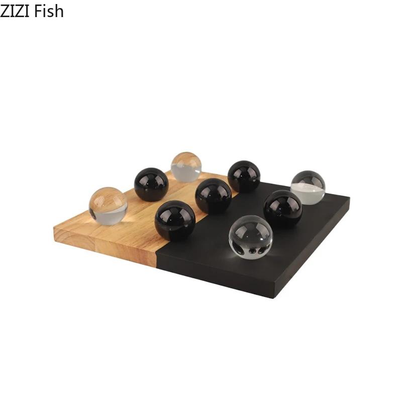 Minimalism Tic-Tac-Toe Game Wood Chessboard Geometric Artwork Ornaments Desk Decoration Crystal Chess Pieces Casual Chess Games