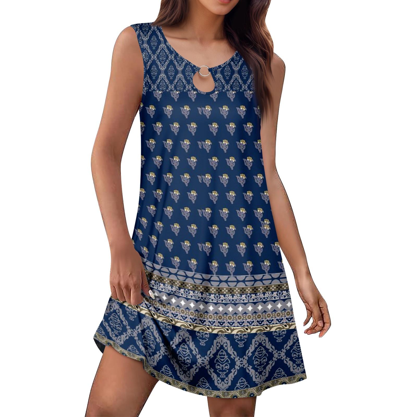 

Women s Summer Fashion Tank Dress A-Line Sleeveless Casual Floral/Solid Pocket Dress XXL Темно-синій