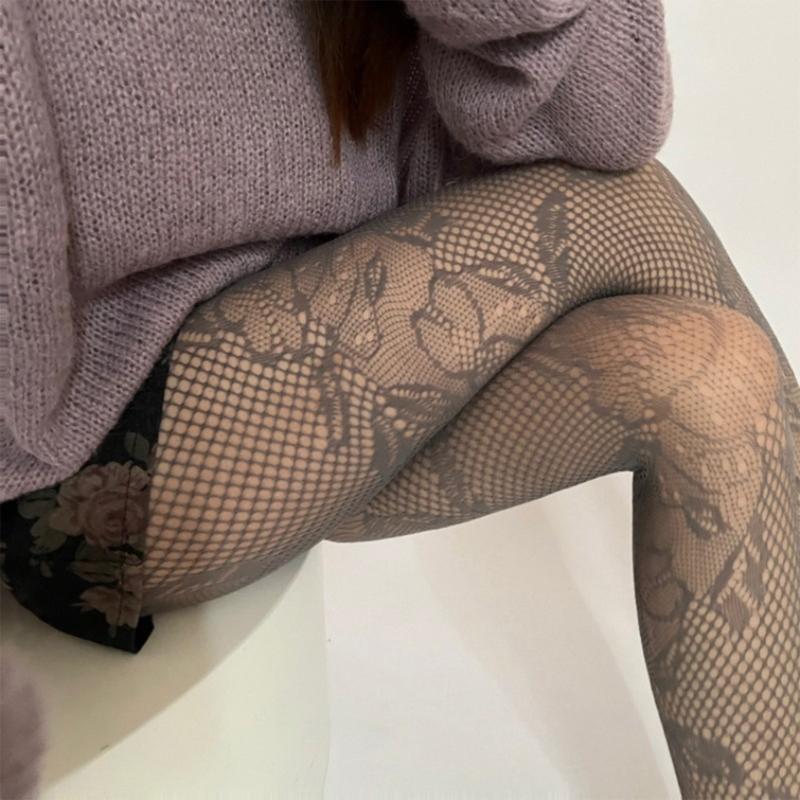 Korean Elegant Mesh Net Tights Hollowed Out Flower Pattern Stretch Full Length Stockings Fishnet Pantyhose for Women