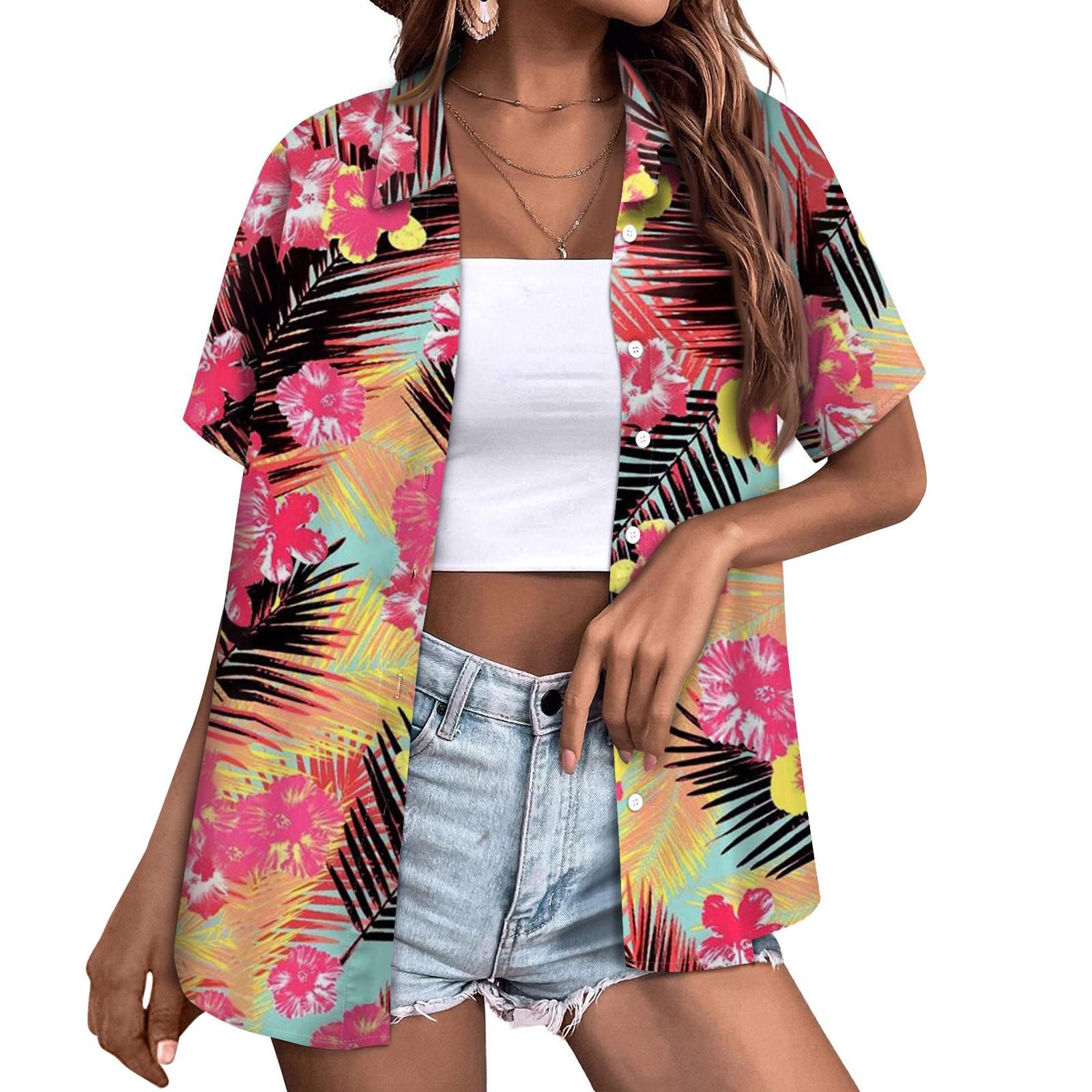 

Женская модная повседневная рубашка с короткими рукавами и цветочным принтом, пуговицы с лацканами, верхняя блузка L