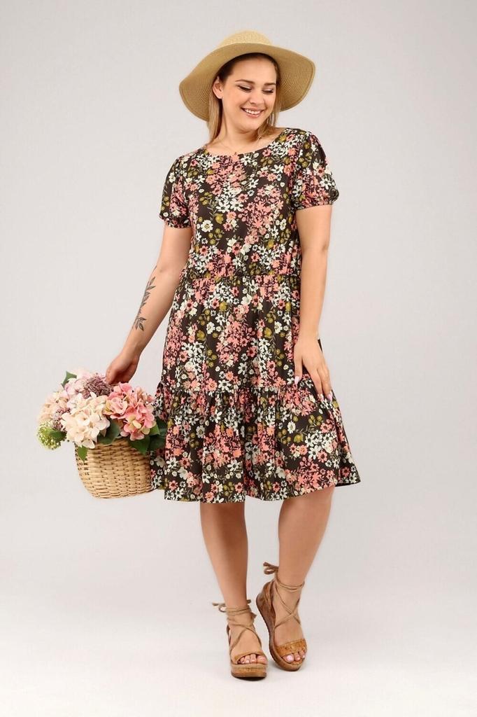 Damska Sukienka w Dużym Rozmiarze ze Szczegółowym Wzorem Kwiatowym i Falbaną na Dole, Plus Size Wygodna Stylowa Sukienka z Krótkim Rękawem - Somoni