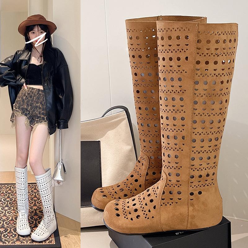 French hollow boots women's 2025 new summer versatile inner height increasing fashion boots but knee knight boots