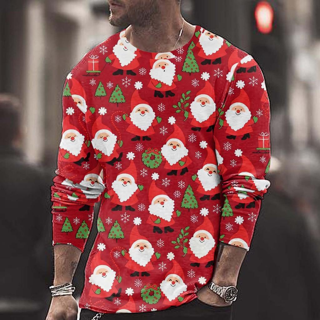 Men's Casual Personality Fashion Christmas Print Round Neck Long Sleeve T-shirt