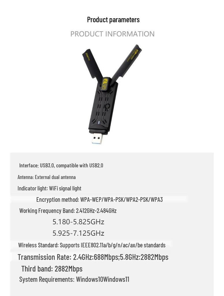 WiFi 7 Tri-Band BE6500 Desktop & Laptop USB Wireless Gaming Network Card, 6500M, Driver-Free.