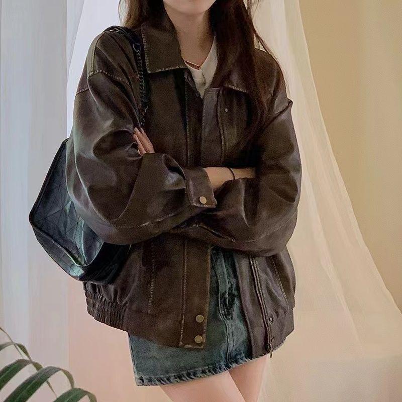 Damen Kleine Braune Lederjacke - 2025 Amerikanischer Retro-Stil mit Gewischtem Farbdesign, Baumwollgefüttert.