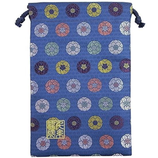 Senshishuin Nishijin-ori Gold Brocade Drawstring Bag (Lined) Blue Indigo Circle Pattern Medium Size