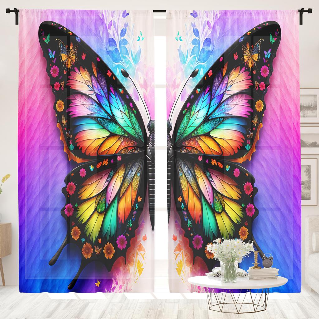 2 Pieces, Multi-color Butterfly Printed Curtains - Semi Transparent - Suitable for Living Room, Bedroom, Kitchen, Home Decoratio
