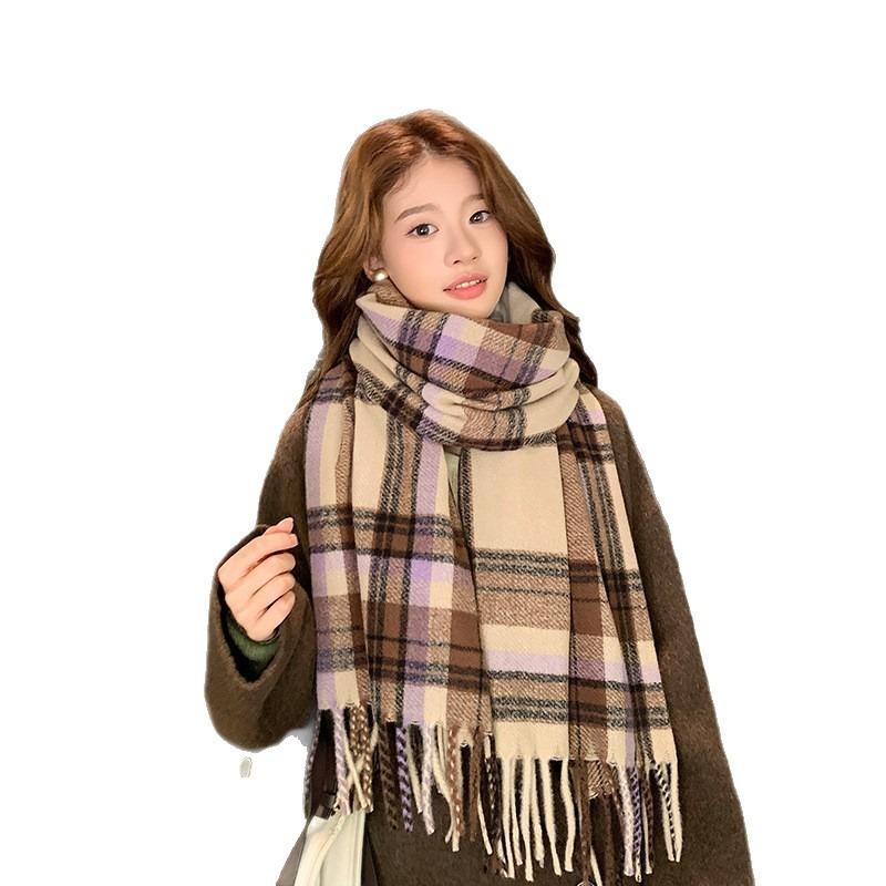 Scarf women's new winter thickened warm imitation cashmere plaid shawl versatile fringed scarf