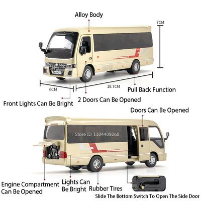 1:32 Scale Coaster Business Bus Model Toy Car Diecast Metal Sound Light Pull Back Police Vehicle Models Toys Gifts for Boys
