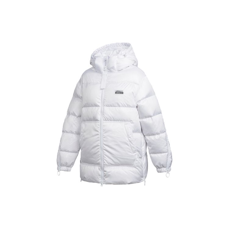 Adidas Originals Down Jacket Double Logo Shiny Side Slit Warm Hooded Down Coat Women Jacket White GE0985