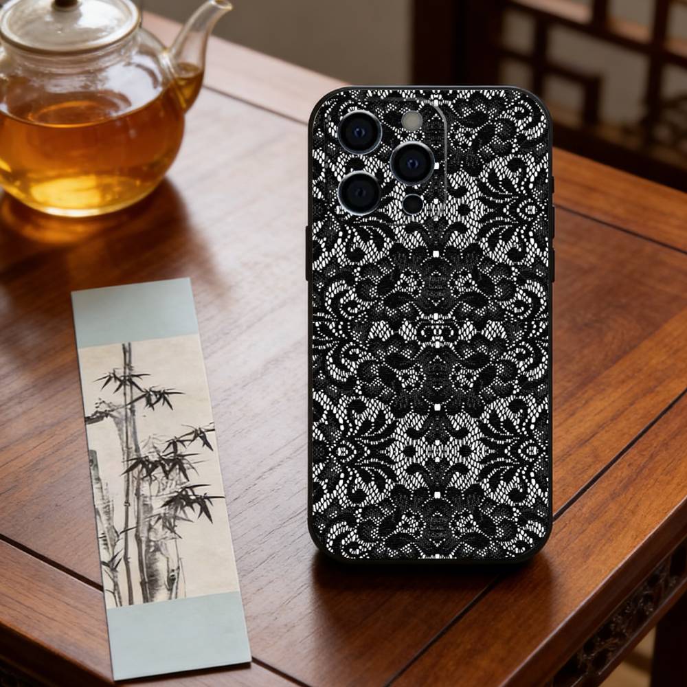 Black Lace Print Phone Case For iPhone 17, 16,15,14,13,12,11 Plus,Pro Max, Others Soft Black Cover