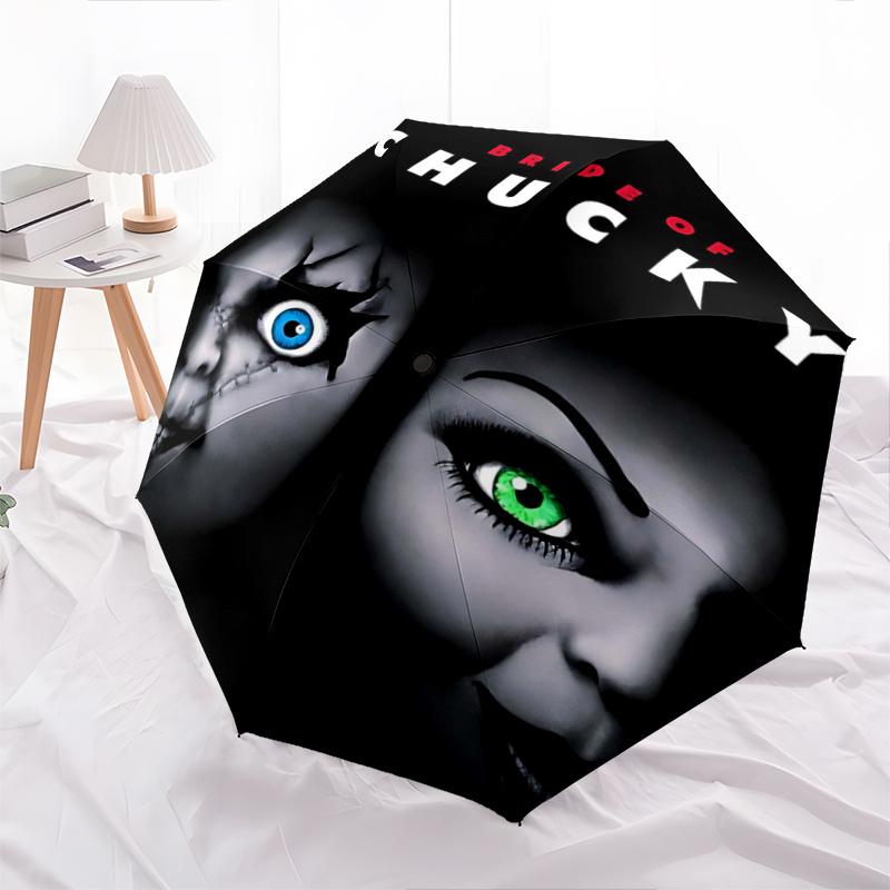 

1pc Bride of Chucky Fashion Automatic 3-Fold Cartoon Umbrella Design, Cute Cartoon Pattern, Portable Outdoor Umbrella, Perfect, Holiday Gift for