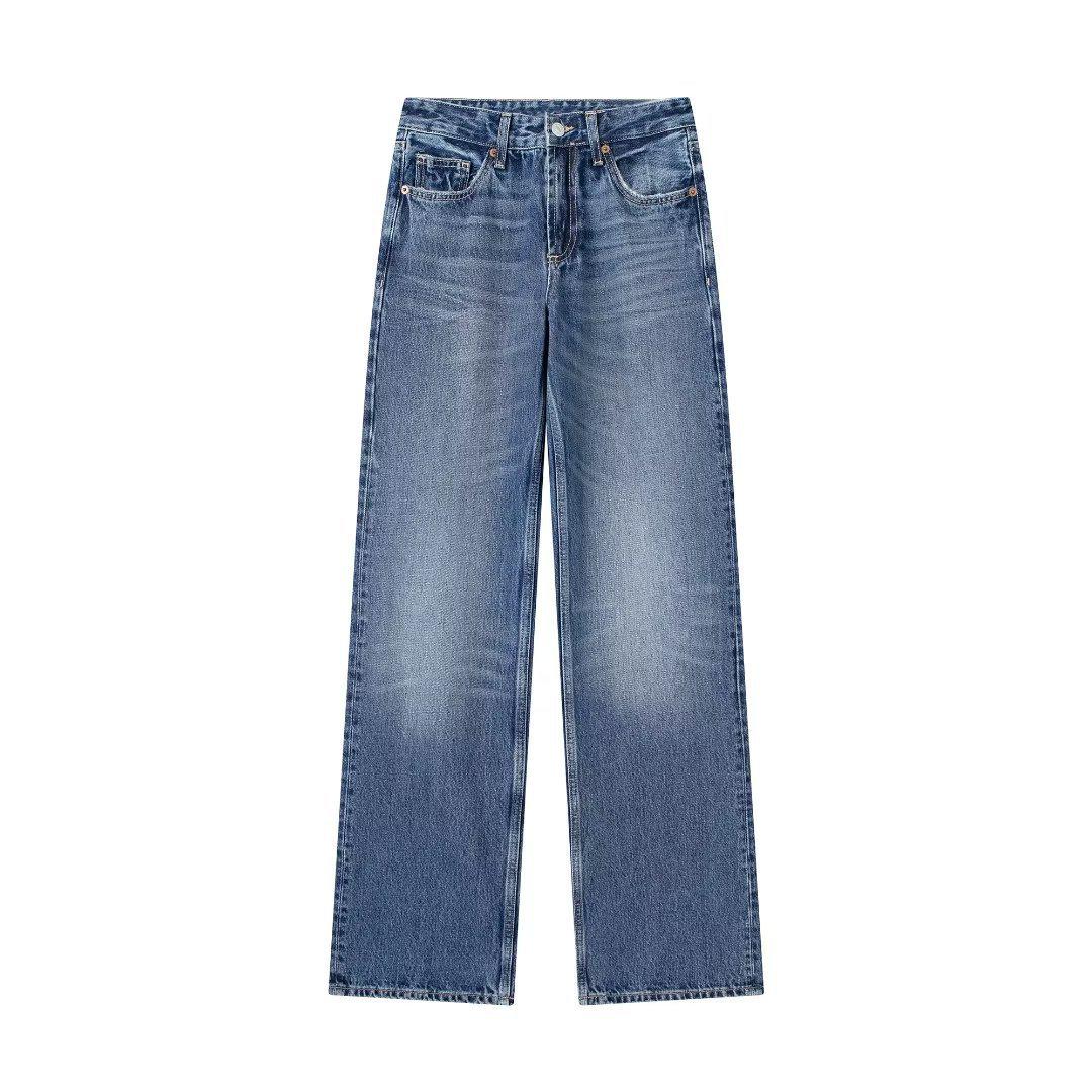 

European and American Women s Casual Wide-Leg Mid-Rise Denim Pants Extra Small