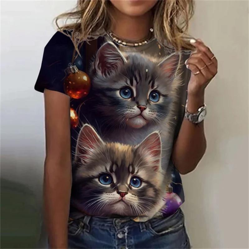 Maglietta da donna alla moda, con stampa 3D, motivo a gatto kawaii, a maniche corte, girocollo, estiva, casual, da strada, semplice