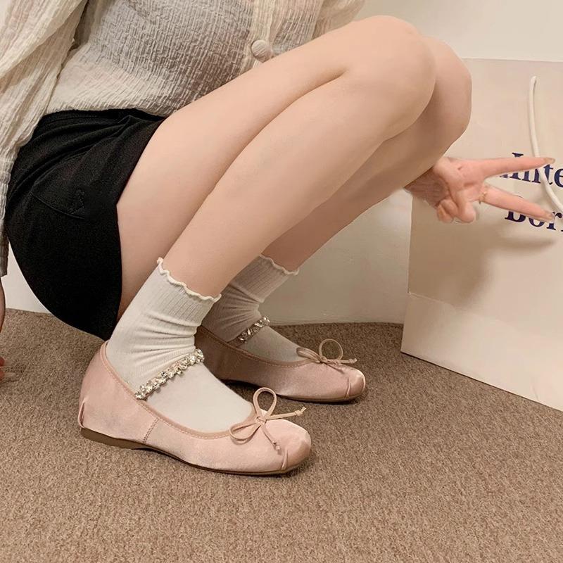 Sheepskin version small man inner height increase 5cm ballet shoes women's spring and autumn rhinestone bow light mouth satin shoes