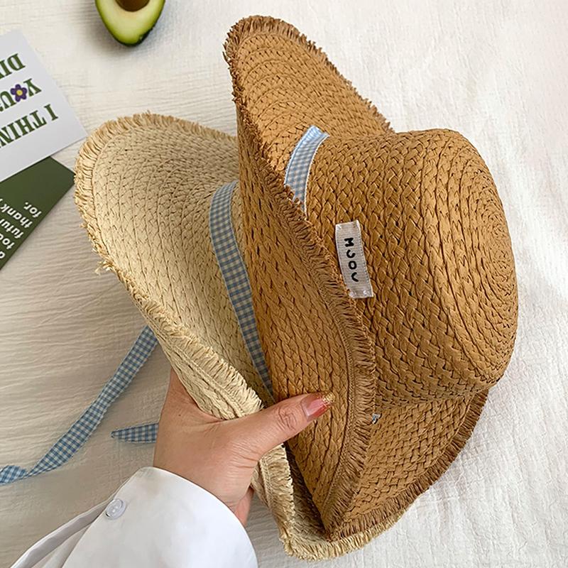 Women'S Wide-Brimmed Straw Hat Beach Sun Hat New Fashionable Sun Protection Floral Lace Bow Breathable Summer Hat