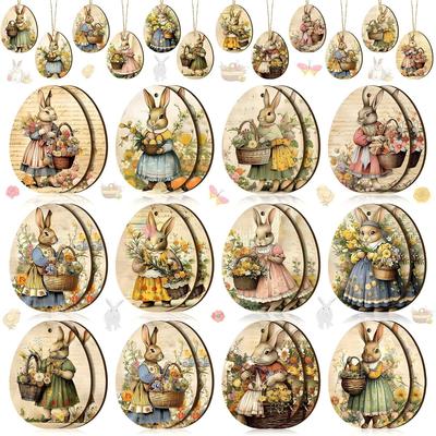 24 teile/satz Ostern Ornament 2D Holz Kaninchen Baum Anhänger Urlaub Dekoration Party Dekoration Home Dekoration Vintage Farbige Ei Holz