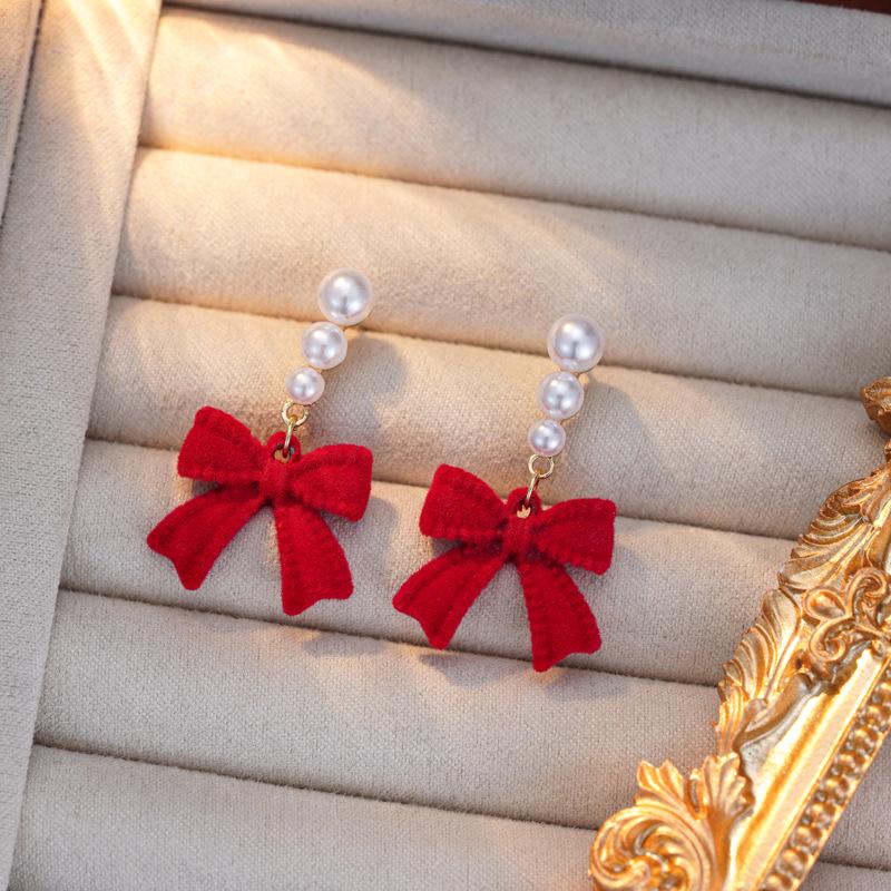 Red Christmas Tassel Earrings with Fur Ball & Bow - Elegant Autumn/Winter Design