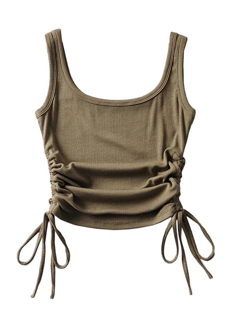 

Новое поступление, повседневный однотонный жилет с двумя боковыми шнурками для девочек, сексуальные майки и майки с гофрировкой S зелёный