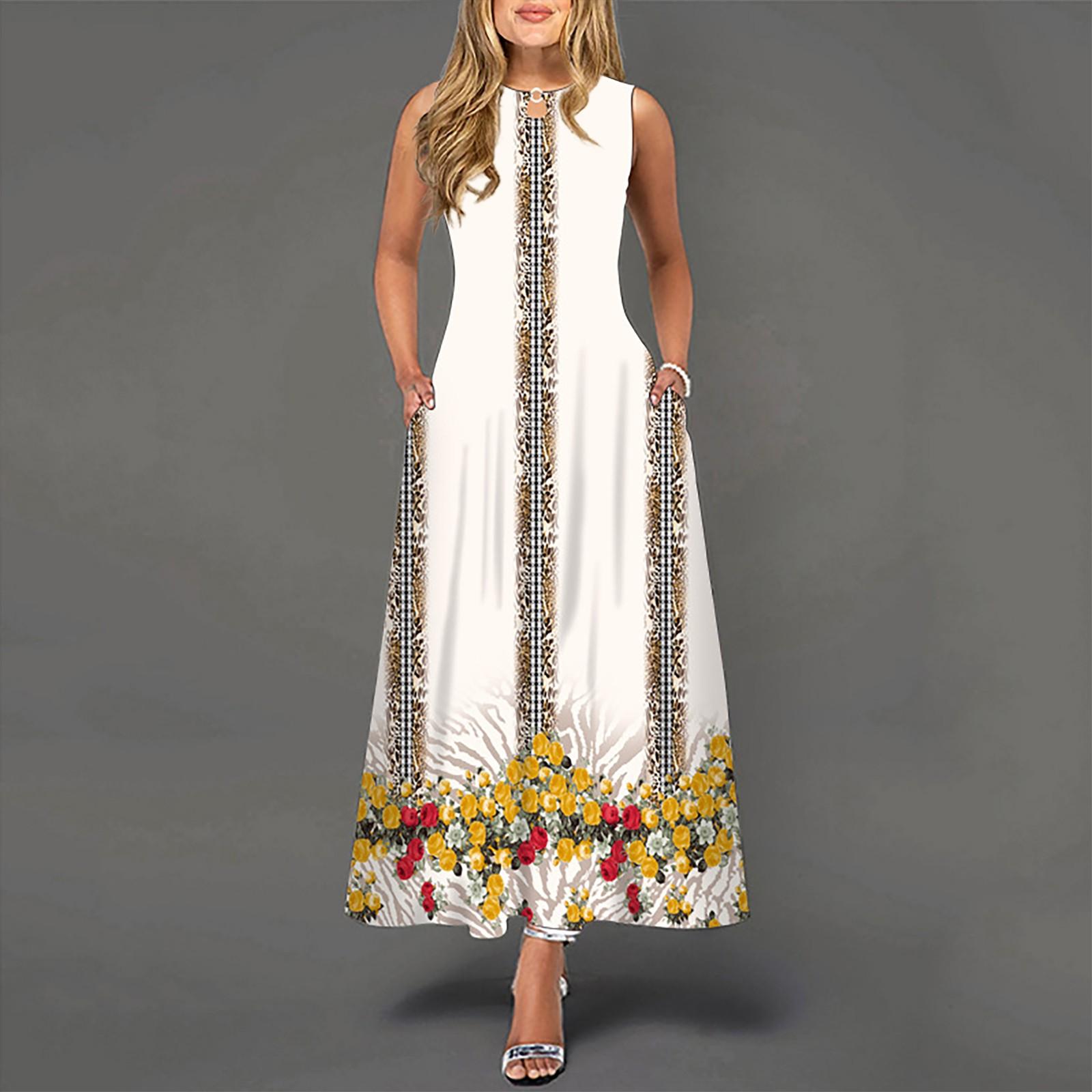 

Женское повседневное длинное платье без рукавов с большим подолом и круглым вырезом с принтом XL жёлтый