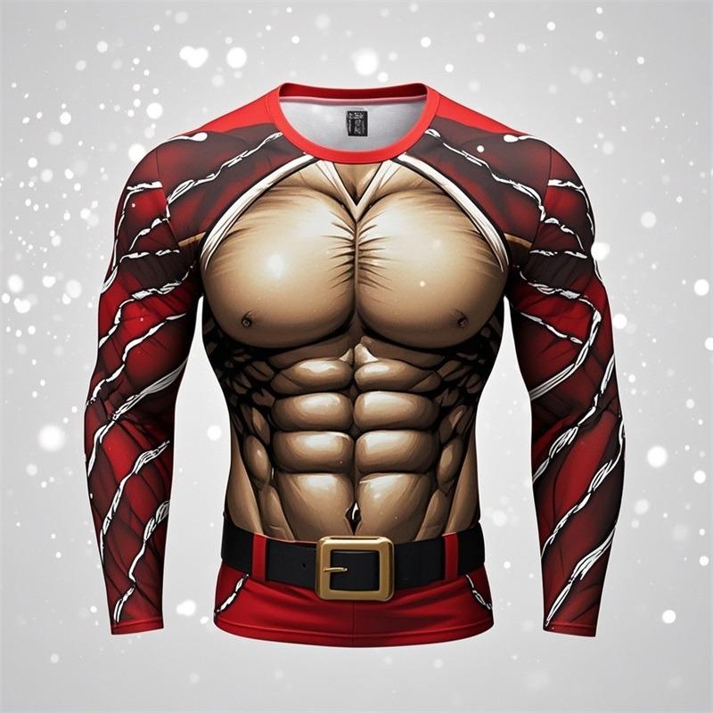 Divertenti Magliette Stampate in 3D con Muscoli Finti di Babbo Natale Brutto Natale Uomo Donna Magliette a Maniche Lunghe Moda Oversize Abbigliamento Natalizio da Uomo